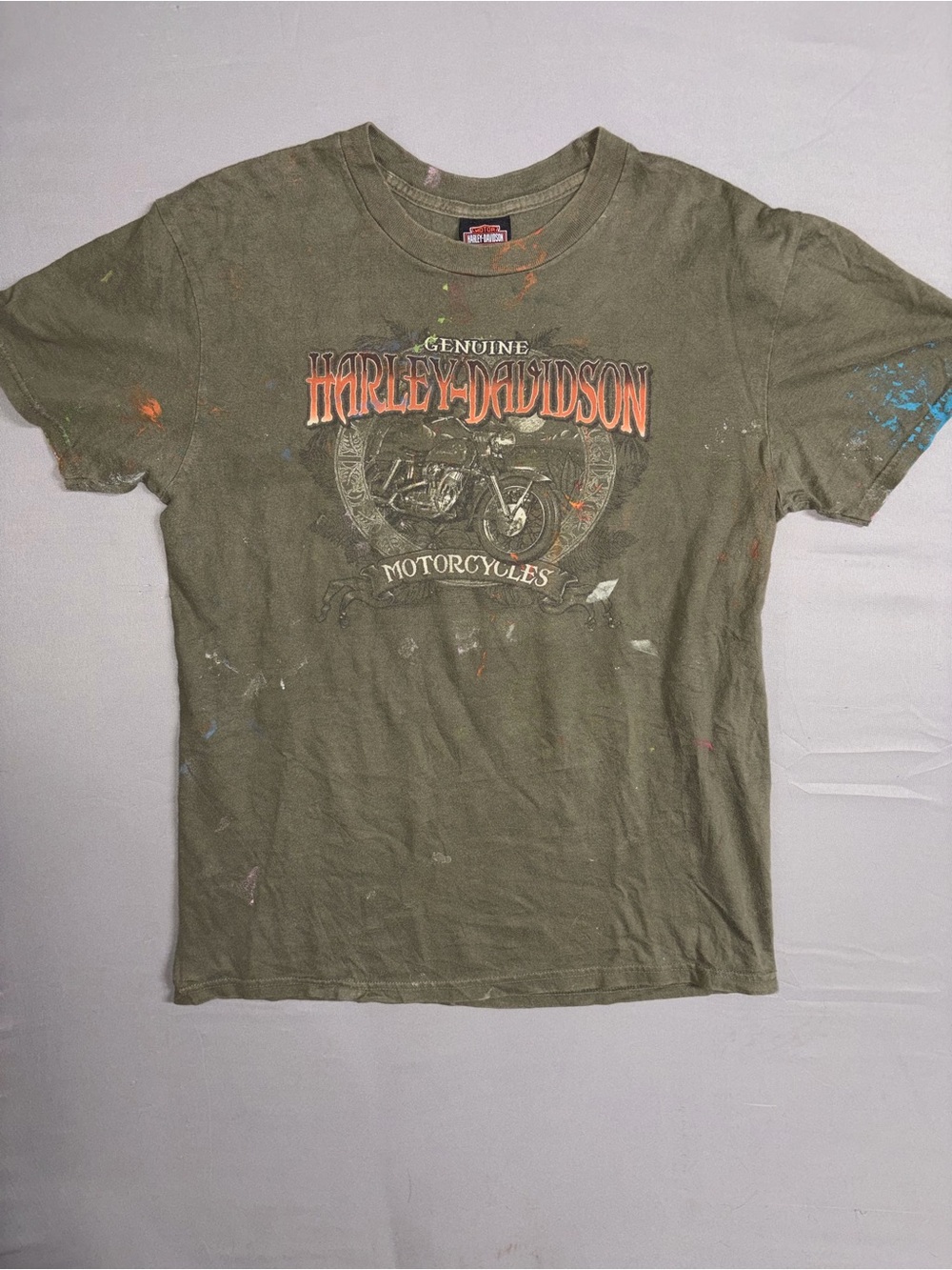 Harley-Davidson Olive Green Motorcycle Graphic Tee with Orange Logo